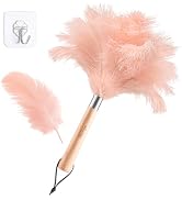 Pink Ostrich Feather Duster with Wooden Handle, 13.5 inch Natural Fluffy Cleaning Tool for Dustin...