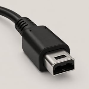 Close-up of a 3DS charging connector plug on a black cable.
