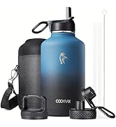 Half Gallon Water Bottle Insulated with Straw & 3 Lids, Coolflask 64 oz Water Jug Large Metal Sta...