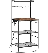 MAHANCRIS Bakers Rack with Power Outlet, Kitchen Storage Shelf with 6 Hooks, Microwave Stand with...
