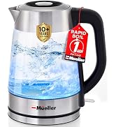 Mueller Rapid Boil Electric Tea Kettle 1.8L – Borosilicate Glass & Stainless Steel – BPA-Free Hot...