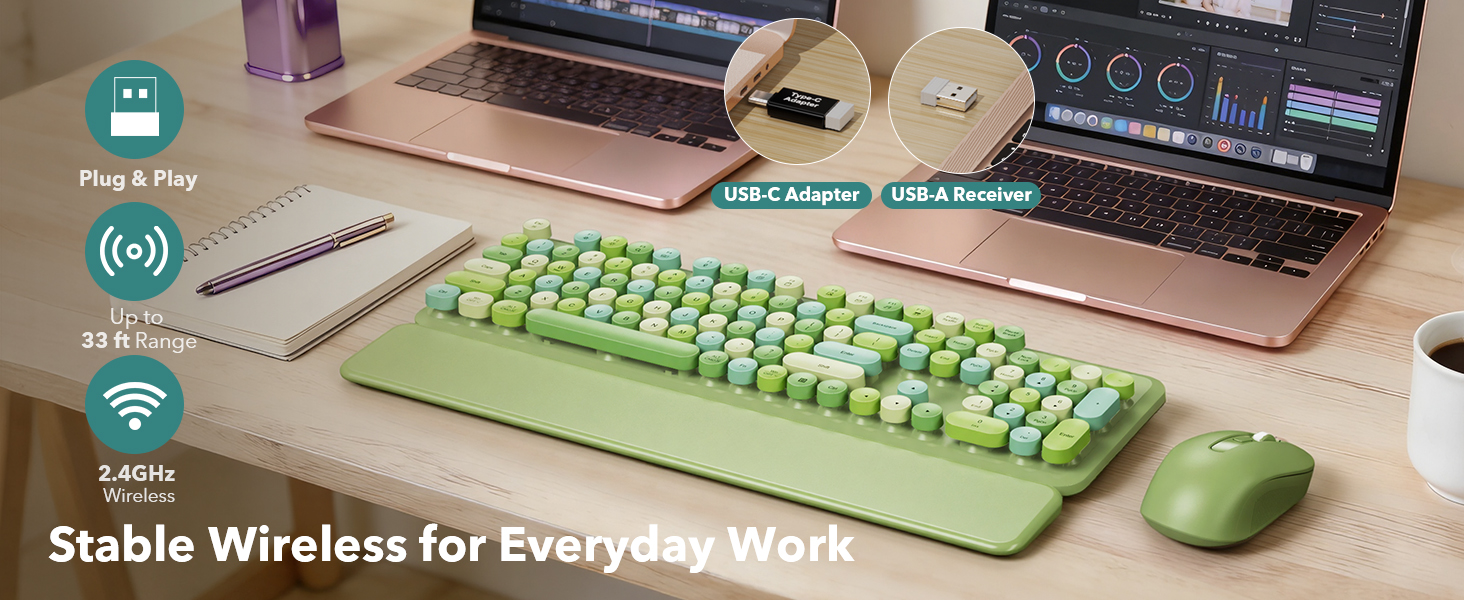 Green keyboard and mouse with wrist rest, USB receiver and adapter for stable wireless setup