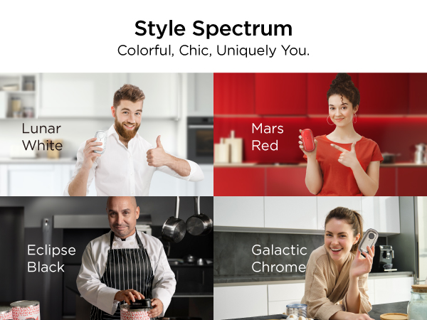 Text reads 'Style Spectrum' and 'Colorful. Chic. Uniquely You.' Series of fashion-themed images showing different color schemes including 'White', 'Red', 'Eclipse Black', and 'Galactic Chromium'.