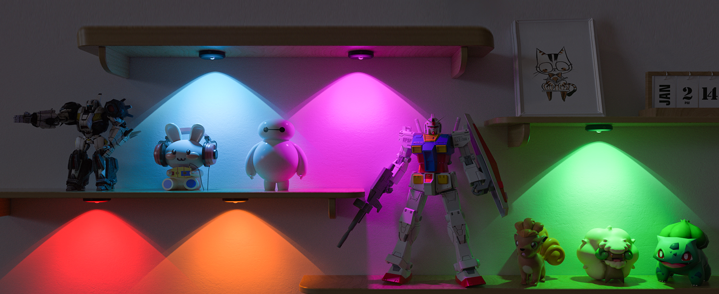 Multi-color LED strip light illuminating a shelf with toy figurines. Displays red, blue, pink, and green lighting zones.