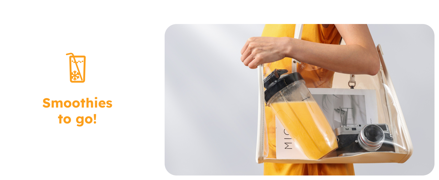 Woman carries a Sangcon travel cup filled with a fresh smoothie in her tote bag.