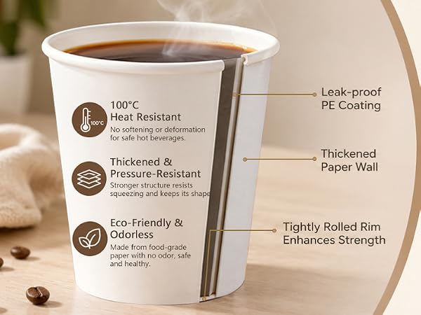12 oz Disposable Paper Coffee Cups, 100 Count – Leak-Resistant White Cups for Hot & Cold Drinks