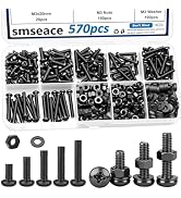 smseace 570Pcs Black M3 Screws with Nuts Assortment Kit Nuts M3x6/10/14/16/20mm 5-Sizes Bolt Wash...