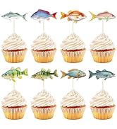 Hooqict 40Pcs Gone Fishing Cupcake Toppers Fish Birthday Cake Topper Decorations Cupcake Picks fo...