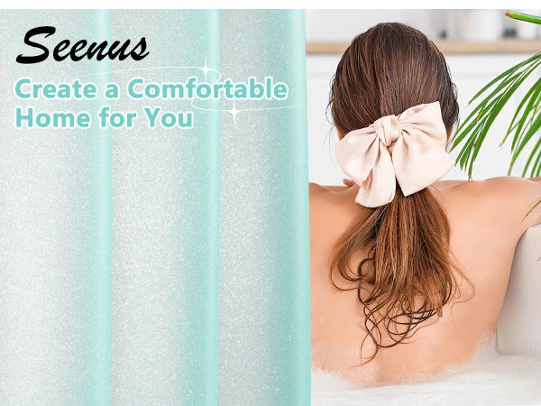 Seenus Dreamy Teal Glitter PEVA Shower Curtain with 3 Weighted Magnets for Bathroom