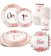 120 Pcs Girls 1st Birthday Decorations Tableware Set with Paper Plates, Cups, Napkins Baby Girl F...