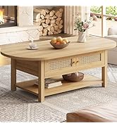 LVB Rattan Coffee Table, Boho Wood Living Room Table with Storage, Oval Modern 2-Tier Cocktail Te...