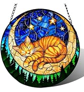 Stained Glass Window Hanging, Orange Sleeping Cat Suncatcher for Door Home Decor Moon Starry Nigh...