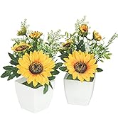 Tiyard 2pcs Artificial Sunflower Potted Plants Silk Yellow Fake Flower, Artificial Sunflower with...