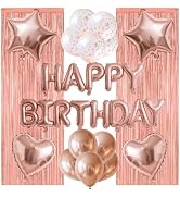 WEIKA 29 Pcs Rose Gold Birthday Party Decorations - Happy Birthday Balloons Banner, Heart & Star ...