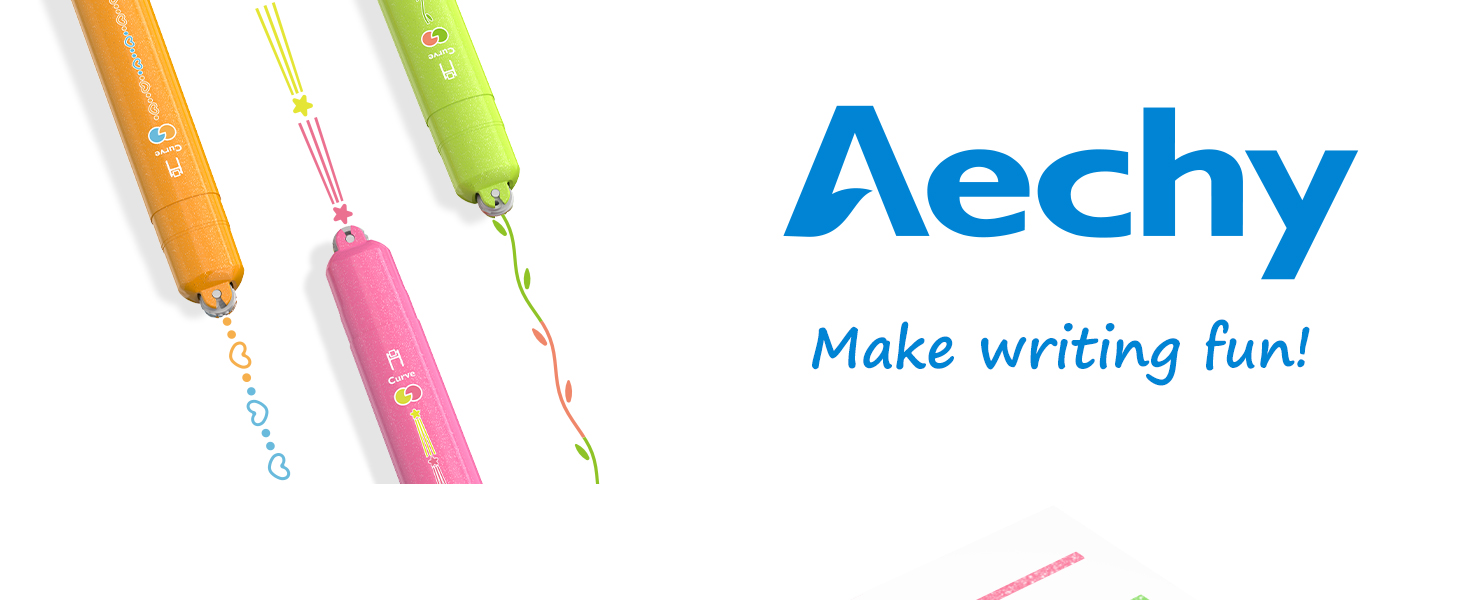 Text reads: 'Aechy' and 'Make writing fun!' Product marketing images featuring writing or drawing implements in bright colors.