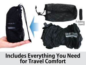 SMART TRAVEL lumbar pillow with mesh storage bag and folding band, showing included parts.