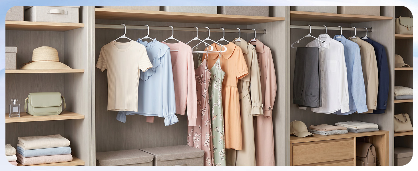 Walk-in closet organized with 50 white plastic hangers. Matching hangers create calm, boutique feel