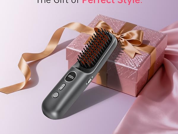 Cordless heated hair straightening brush displayed on a gift box with ribbon.