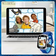 Watch connects to laptop to upload photos and videos.