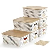 Bagnizer Small Plastic Storage Bins with Bamboo Lids 5.2qt Stackable Box Basket Pantry Decorative...