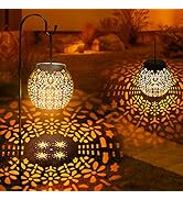 ODEETRONIC 2 Pack Warm White Outdoor Hanging Solar Garden Lanterns with Star Projection, Retro Ho...