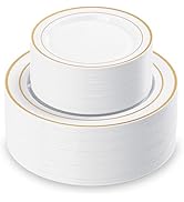 QualQuot 200PCS White Plastic Plates with Gold Rim, Disposable Heavy Duty Plastic Plate, 100 Dinn...