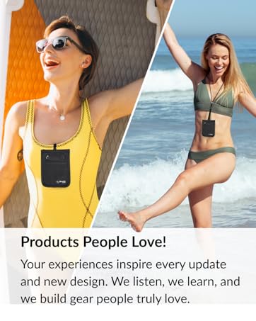 Women at beach wearing RFID bra wallets – waterproof travel pouch for cards, cash, and passports