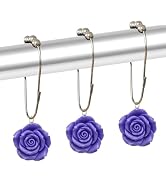Rose Shower Curtain Hooks Rust Proof Fashion Floral Decor Bathroom Rings, Resin Rose Flower Curta...