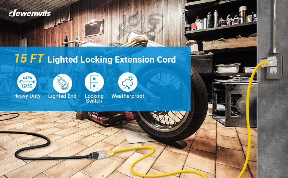 15FT Lighted Locking Extension Cord