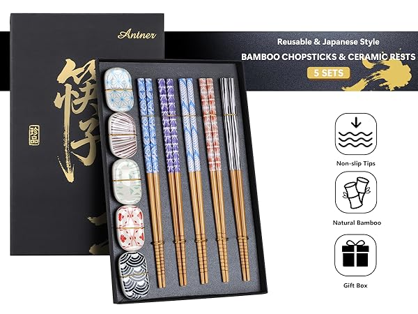 Reusable Bamboo Chopsticks and 5PCS Ceramic Rests Set