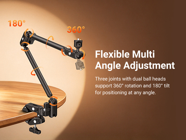 Text reads '180°', '360°', 'Flexible Multi Angle Adjustment', and 'Three joints with dual ball heads support 360° rotation and 180° tilting for positioning at any angle'. Black articulated desktop arm mount with adjustable joints.