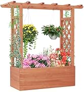 Giantex Raised Garden Bed with 2-Sided Trellis & Hanging Roof, Fir Wood Planter Box w/Drainage Ho...