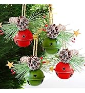 4 Pack Christmas Hanging Jingle Bells Ornaments, Red and Green 3.5 Inch Metal Bells with Frosted ...