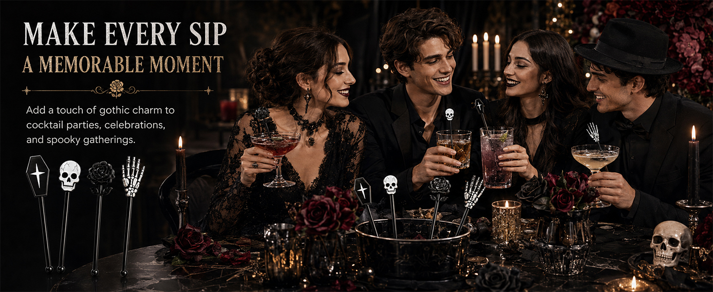 36-Piece Halloween Cocktail Stirrers, 7.1 in, 4 Gothic Designs for cocktails,punch and party bars