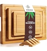 Kikcoin Bamboo Cutting Boards for Kitchen, 3 Piece Wood Cutting Board Set with Stand and Non-slip...