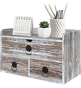 SeekElegant Wood Desk Organizer with Drawer, Washed Brown Wooden Desktop Organizer, Tabletop Stor...