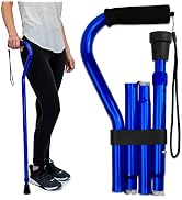 RMS Folding Cane with Offset Foam Handle, Adjustable Walking Stick with Carrying Pouch (Blue)