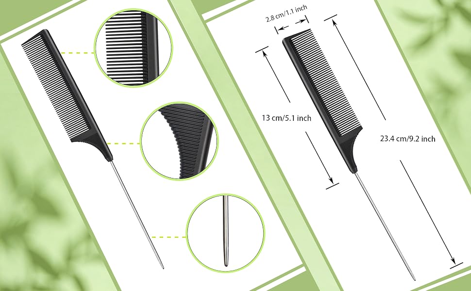 Technical diagram showing multiple views of a professional hair styling comb with measurements indicating dimensions of 23.4cm/9.2inch and detailed views of teeth spacing and handle design.