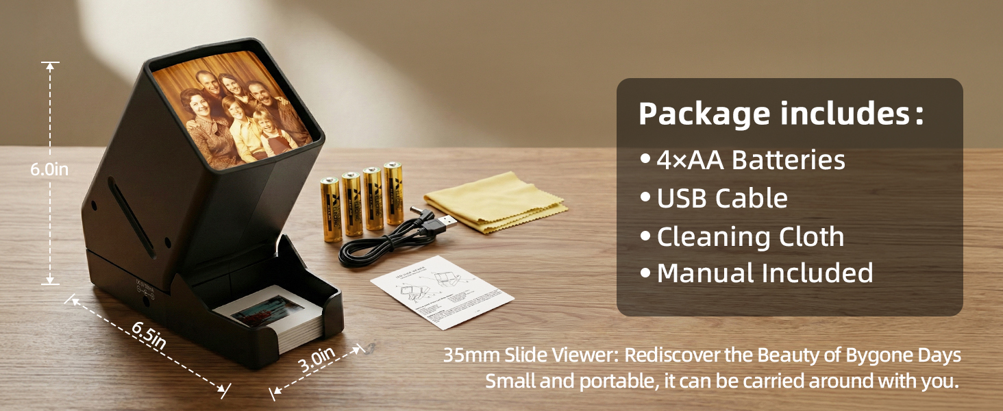 Includes scanner, 4 AA batteries, USB cable, cleaning cloth with instructions; compact and portable.