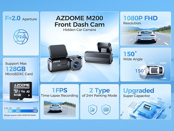 M200 hidden dash cam for car with 150° wide angle 24H parking mode