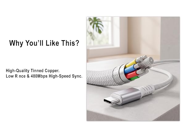 Cross-section displays high-quality tinned copper wires for 480Mbps data sync.
