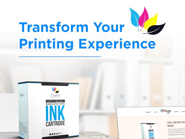 A CMYi ink cartridge on the top of a printer with a laptop at the right side