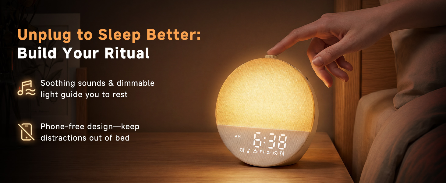 Phone-free design-keep distractions out of bed,Soothing sounds & dimmable light guide you to rest