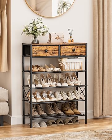 Shoe Rack for Entryway, 5 Tier Shoe Organizer with 2 Non-woven Drawers, Metal Storage Shoe Shelf