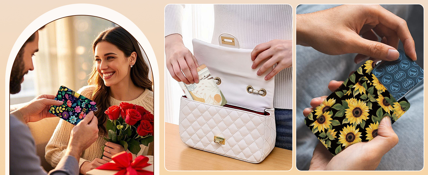 Three-panel image showcasing a white quilted handbag with gold hardware. Panels show gift-giving, bag details, and a floral-patterned cardholder or wallet accessory.