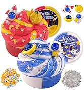 Assorted slime containers in blue and pink colors with decorative elements and button-shaped accessories.