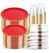KIRE 350PCS Red Plastic Plates - Heavy Duty Red Plates Disposable - 50Guest Christmas Dinnerware ...
