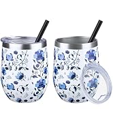 12 oz Insulated Wine Tumbler with Lid and Straw,Stainless Steel Stemless Wine Tumbler Glasses Dou...