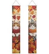 doginthehole Thanksgiving Give Thanks Porch Banner Sign, Cute Cats Maple Leaves Front Door Decora...