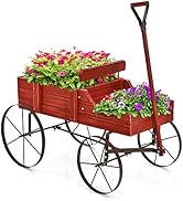 Giantex Decorative Garden Planter, Small Wagon Cart with Metal Wheels, Wood Raised Beds Plant Pot...